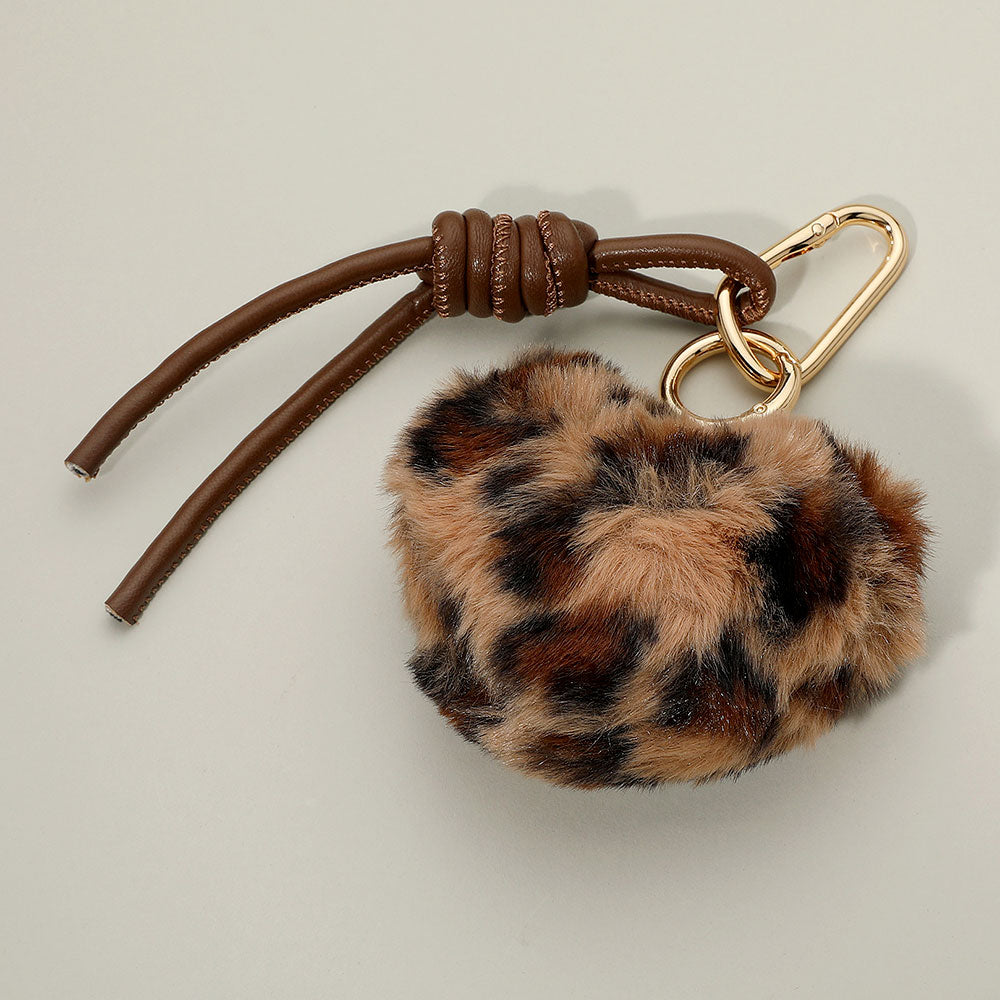 iLLASPARKZ Fuzzy Plush Leopard Heart Faux Leather Knot Tie Keychain / Bag Charm