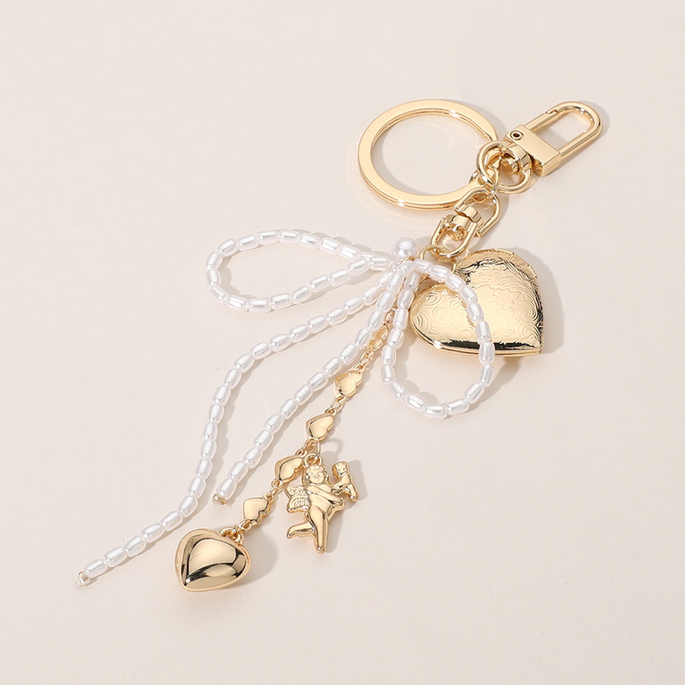 iLLASPARKZ Pearl Beaded Bow Metal Heart Cupid Embellished Bag Charm / Keychain