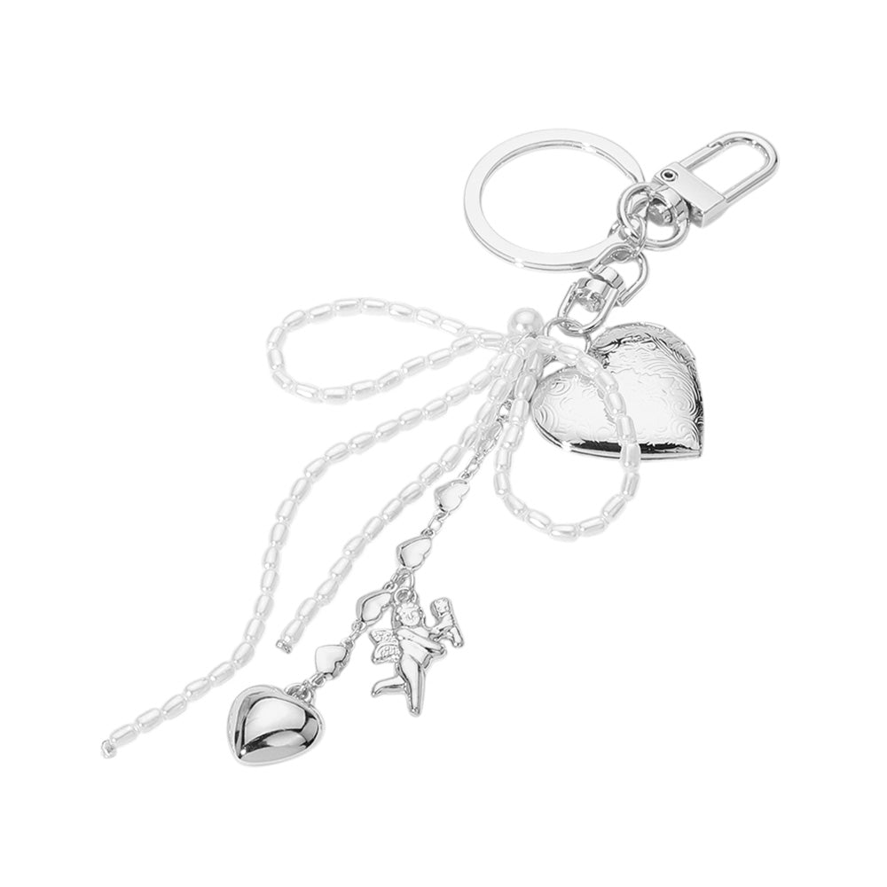 iLLASPARKZ Pearl Beaded Bow Metal Heart Cupid Embellished Bag Charm / Keychain