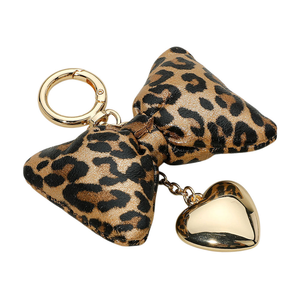 iLLASPARKZ Leopard Faux Leather Plush Bow Metal Heart Drop Keychain / Bag Charm