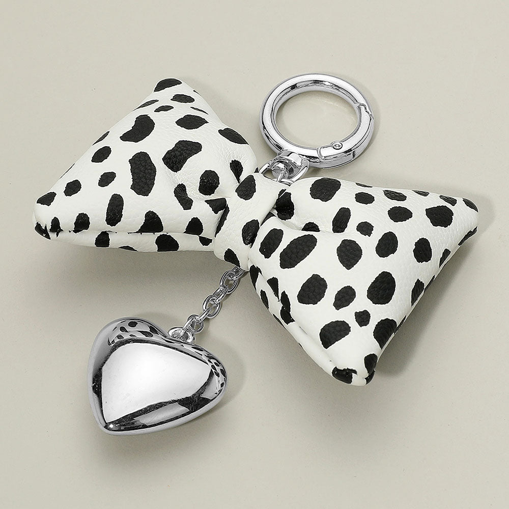 iLLASPARKZ Leopard Faux Leather Plush Bow Metal Heart Drop Keychain / Bag Charm