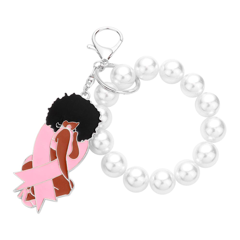 iLLASPARKZ Pink Ribbon Afro Girl Pearl Stretch Keychain / Bracelet