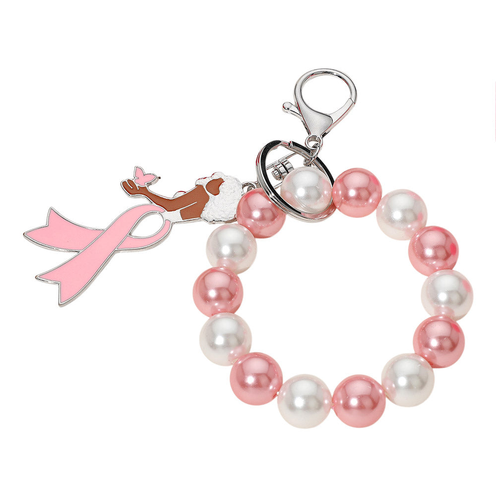 iLLASPARKZ Pink Ribbon Afro Girl Pearl Stretch Keychain / Bracelet
