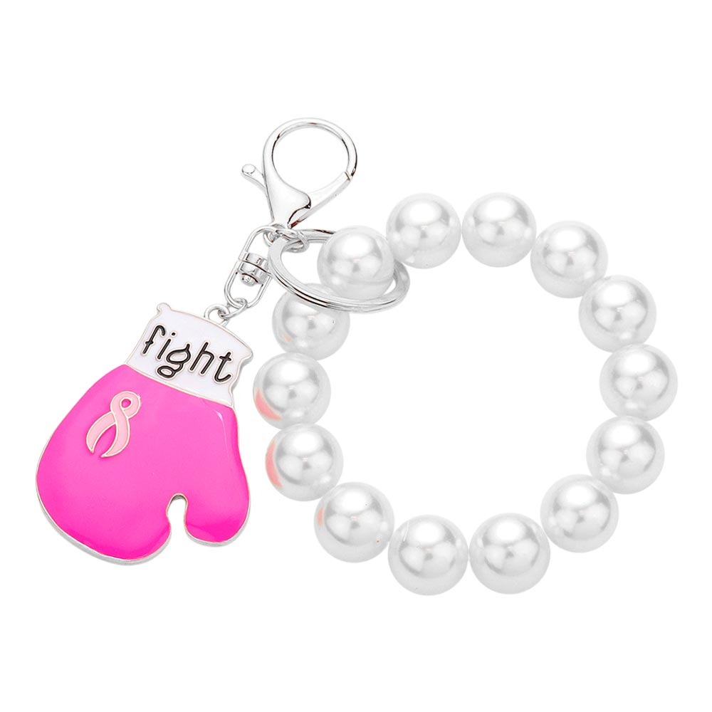 iLLASPARKZ Fight Message Pink Ribbon Glove Pearl Stretch Keychain / Bracelet