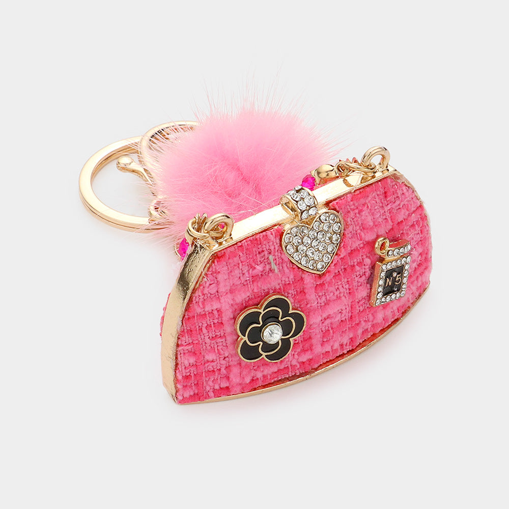 iLLASPARKZ Heart Pointed Tweed Tote Bag Pom Pom Keychain