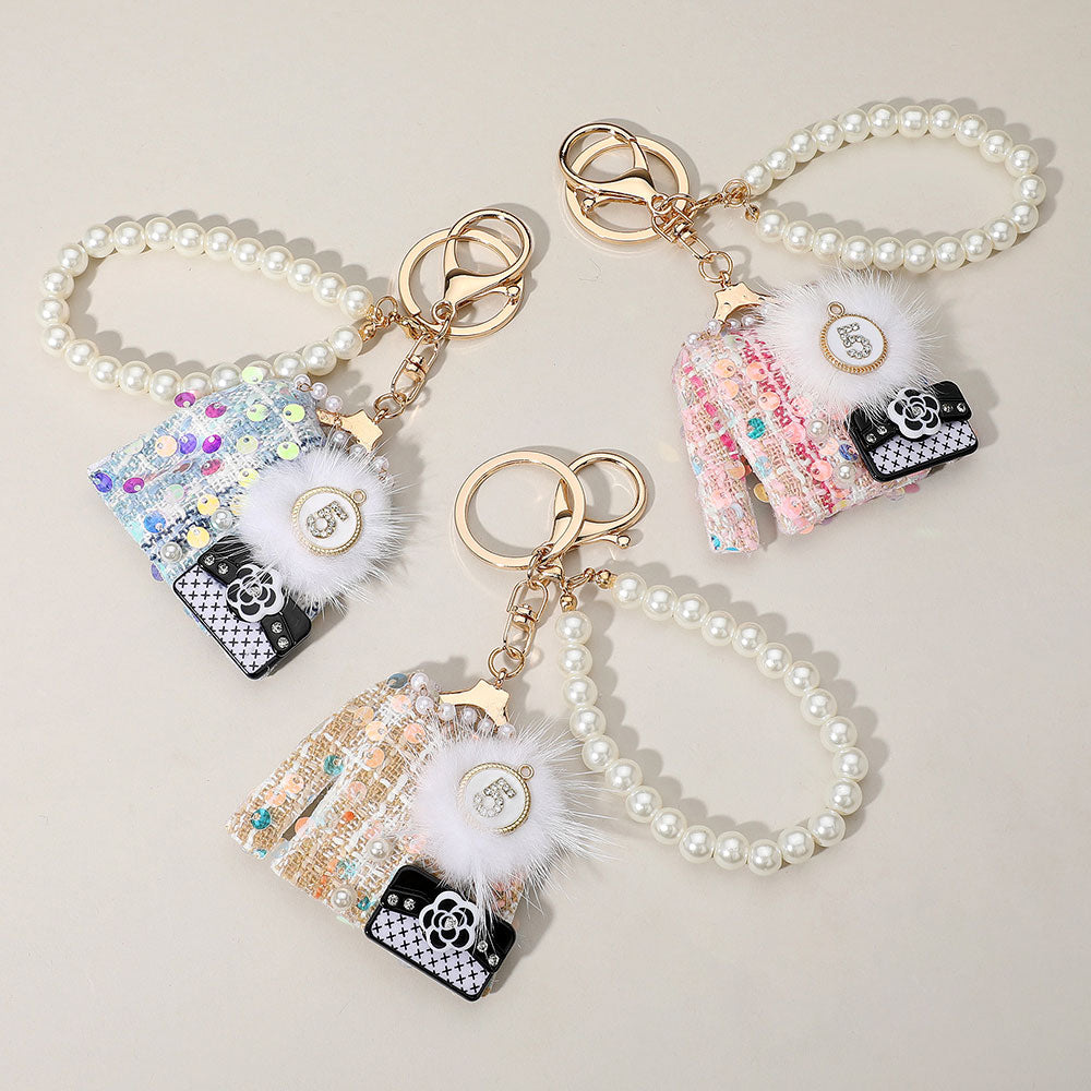 iLLASPARKZ Sequin Beaded Pom Brooch Flower Handbag Tweed Jacket Pearl Chain Bag Charm / Keychain