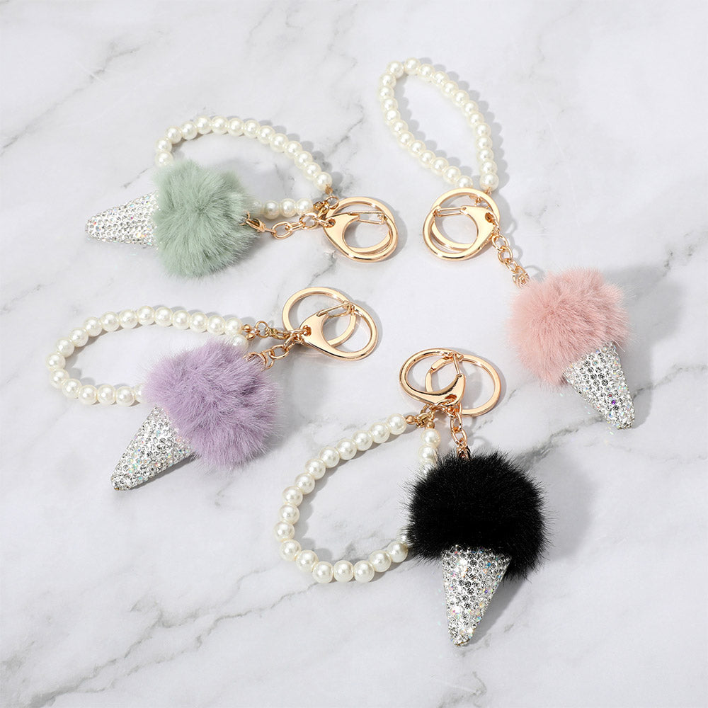 iLLASPARKZ Bling Studded Pom Pom Ice Cream Cone Pearl Wristlet Keychain / Bag Charm