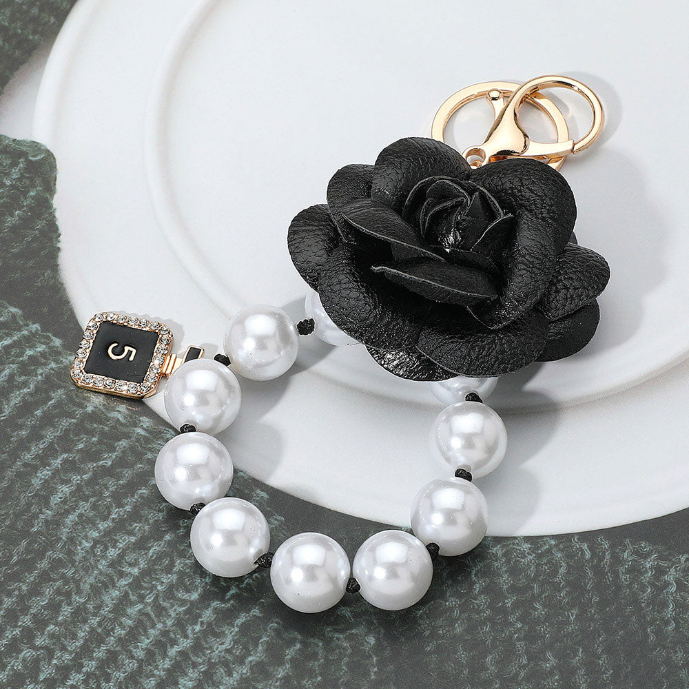 iLLASPARKZ Faux Leather Rose Chunky Pearl Beaded Link Keychain / Bag Charm