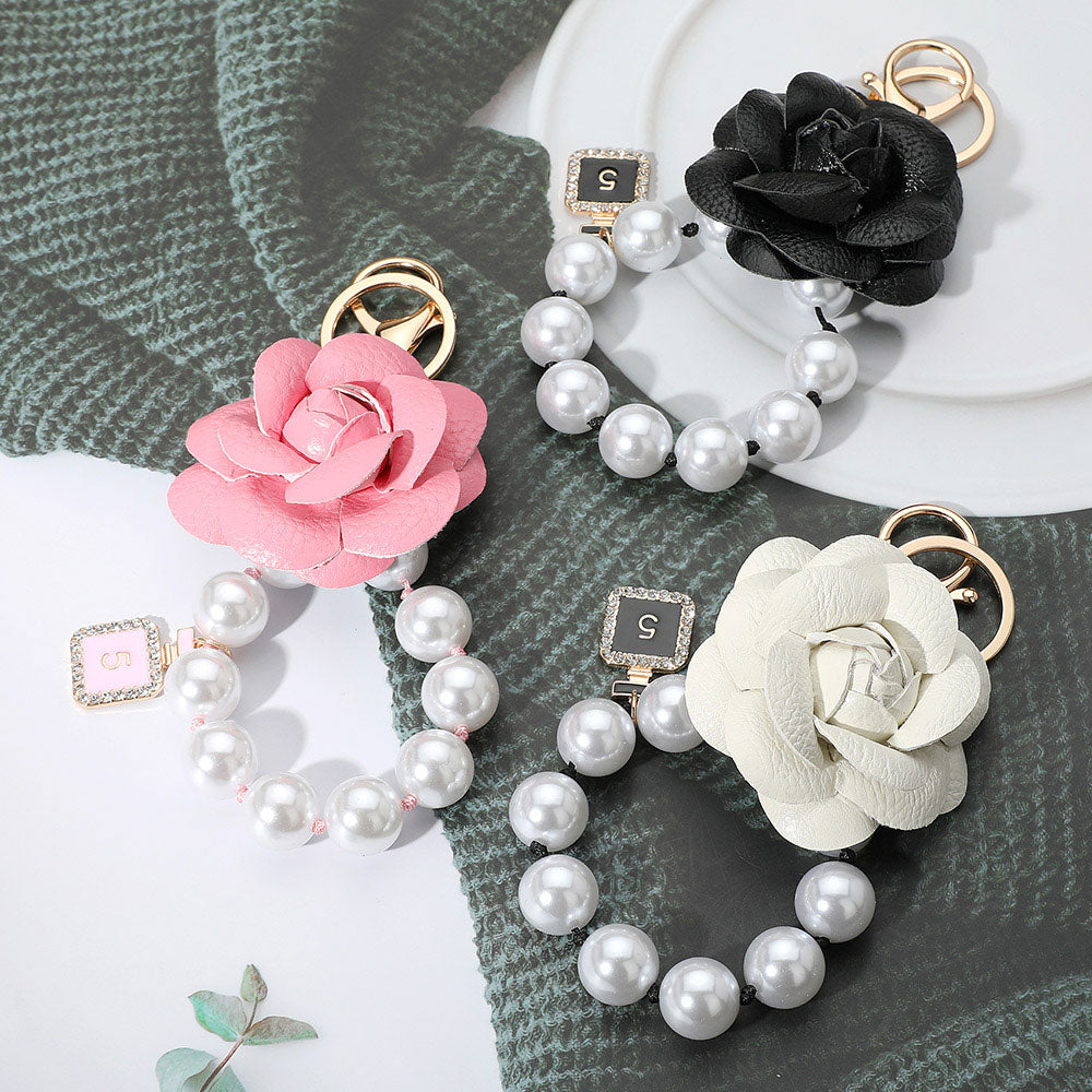 iLLASPARKZ Faux Leather Rose Chunky Pearl Beaded Link Keychain / Bag Charm
