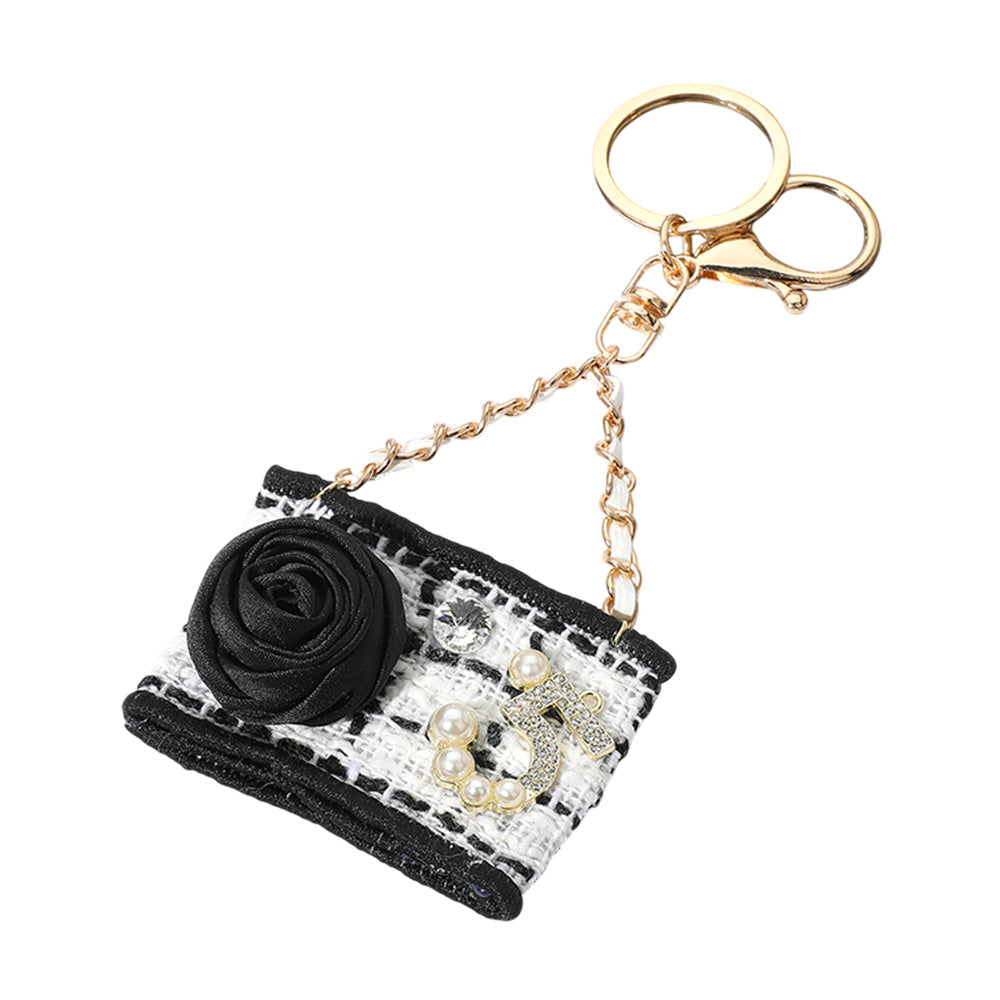 iLLASPARKZ Fabric Flower Pearl Paved Number Five Embellished Handbag Keychain / Bag Charm