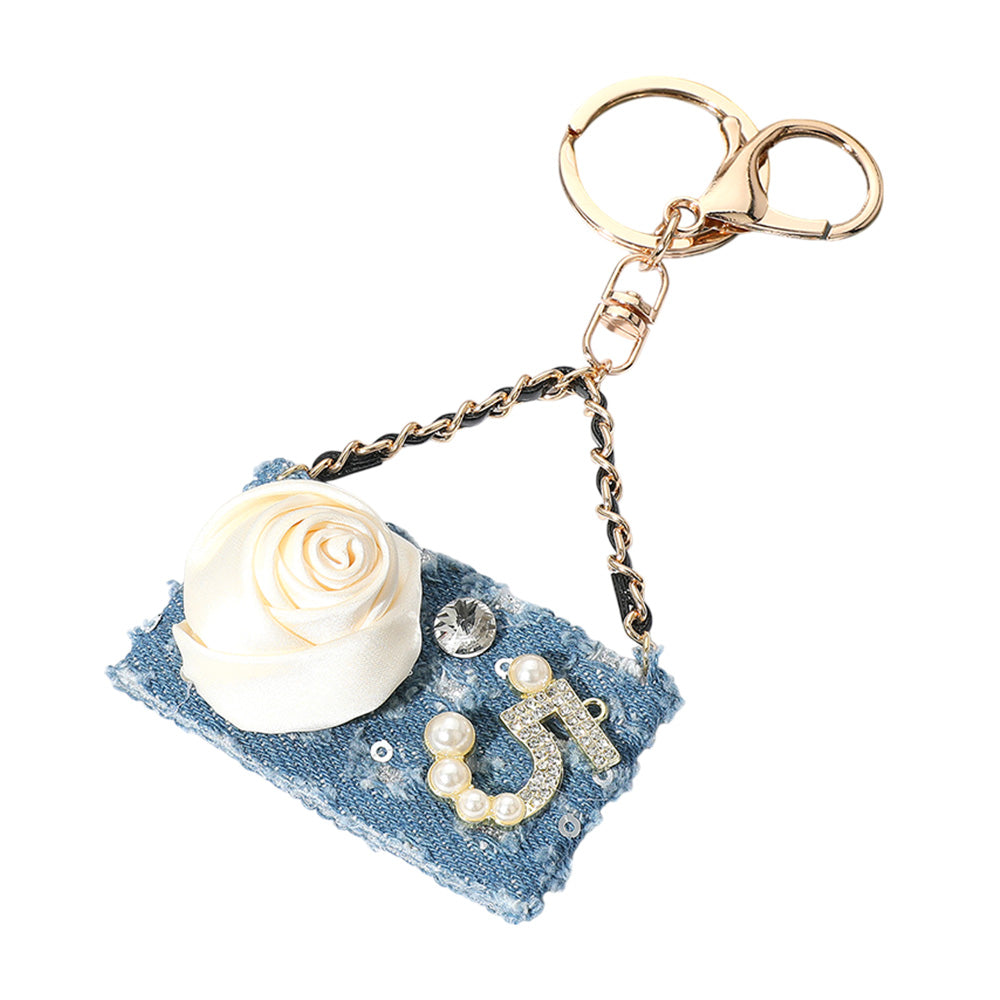 iLLASPARKZ Fabric Flower Pearl Paved Number Five Embellished Handbag Keychain / Bag Charm