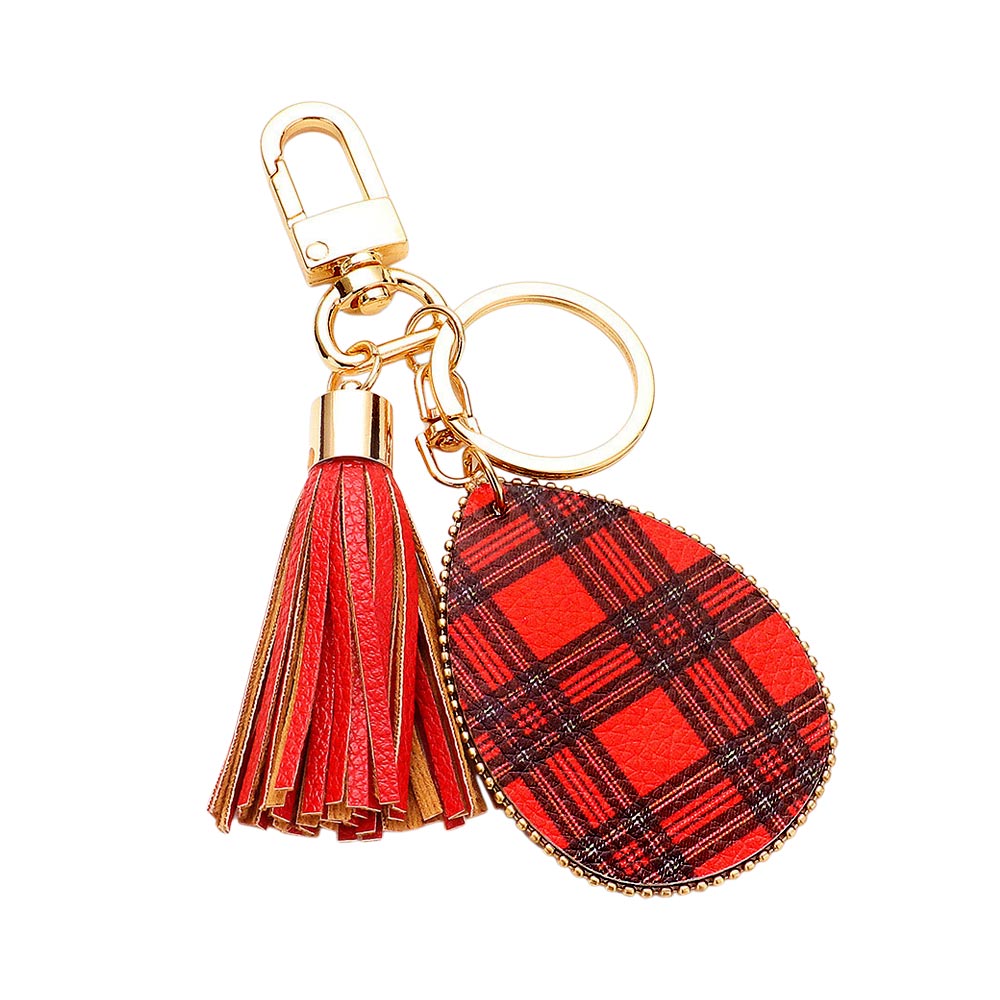 iLLASPARKZ Tartan Check Print Faux Leather Teardrop Tassel Keychain / Bag Charm