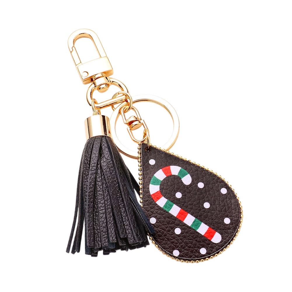 iLLASPARKZ Candy Cane Print Faux Leather Teardrop Tassel Keychain / Bag Charm