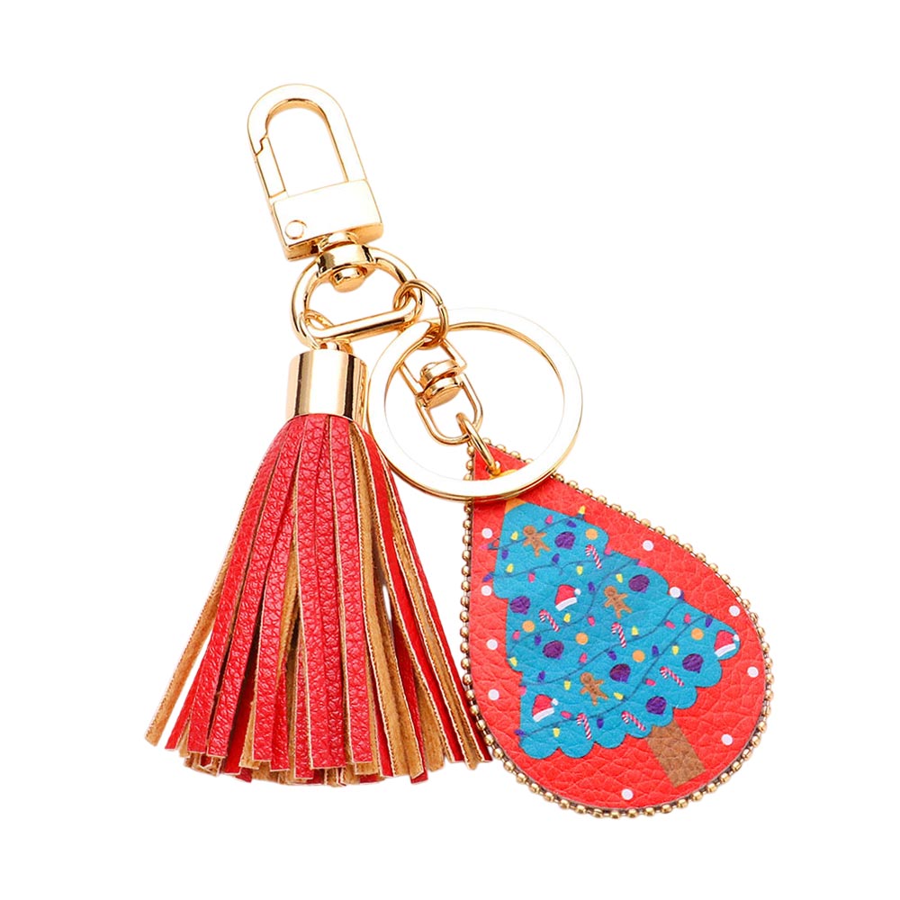 iLLASPARKZ Christmas Tree Print Faux Leather Teardrop Tassel Keychain / Bag Charm