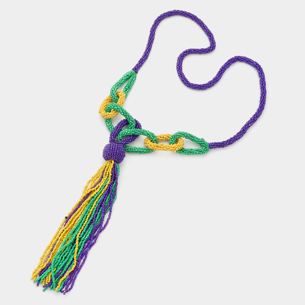 iLLASPARKZ Mardi Gras Seed Bead Knot Fringe Long Necklace