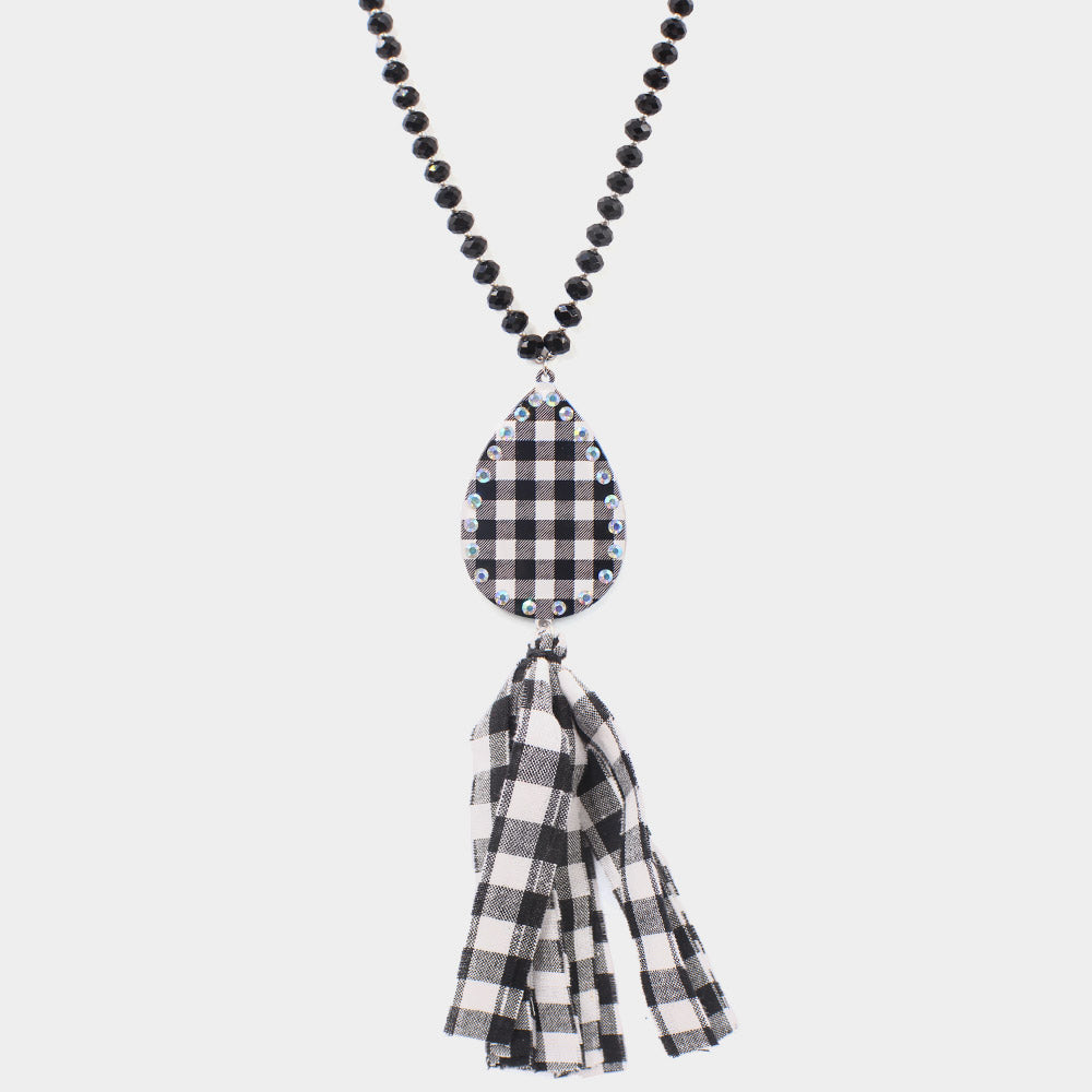 iLLASPARKZ Buffalo Plaid Teardrop Metal Fabric Tassel Dangle Pendant Long Necklace