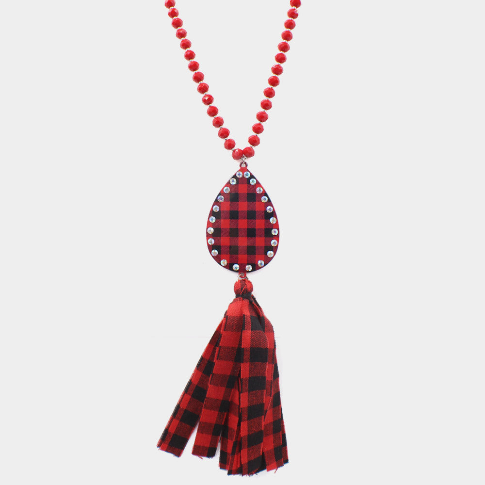 iLLASPARKZ Buffalo Plaid Teardrop Metal Fabric Tassel Dangle Pendant Long Necklace