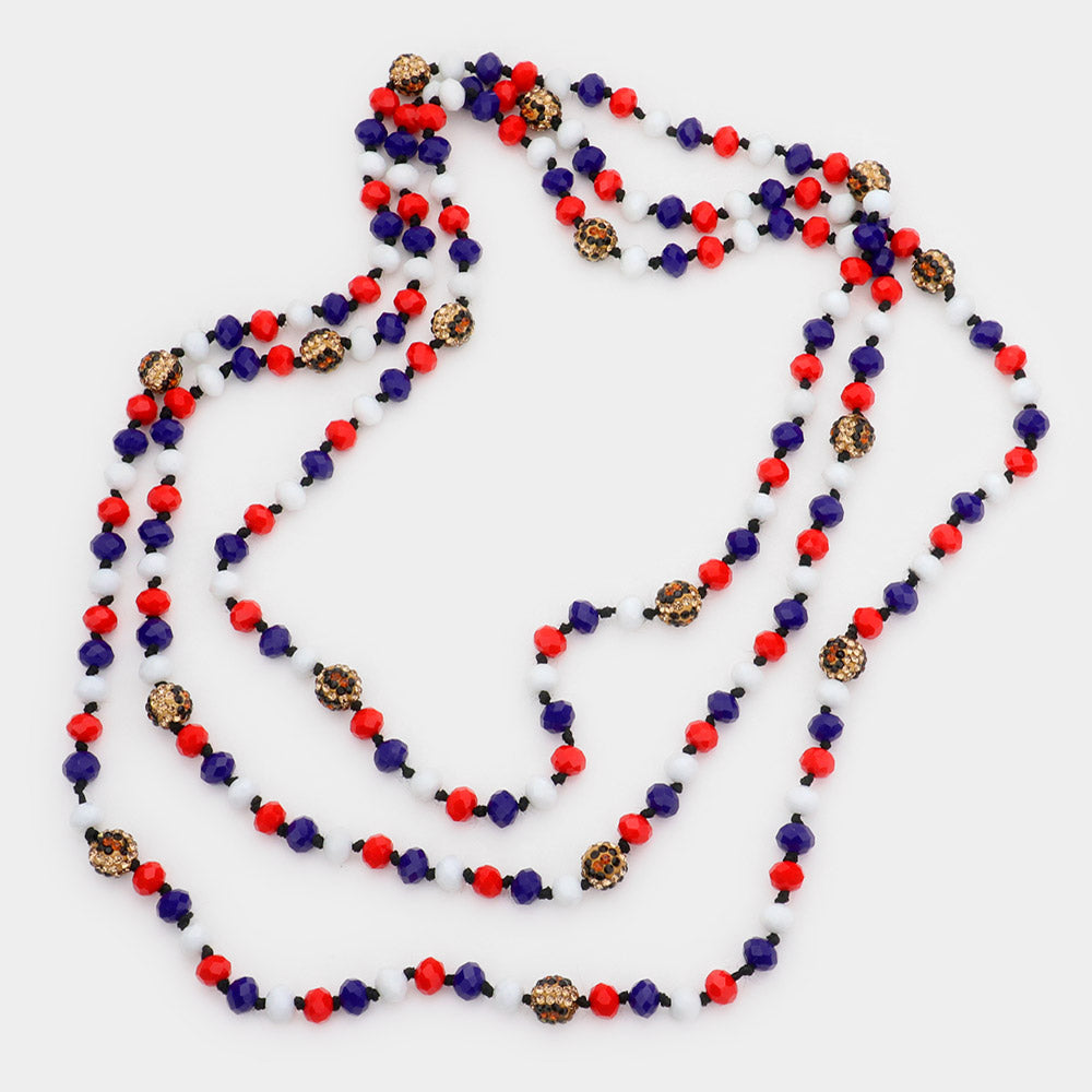 iLLASPARKZ American USA Flag Shamballa Ball Accented Faceted Bead Long Necklace