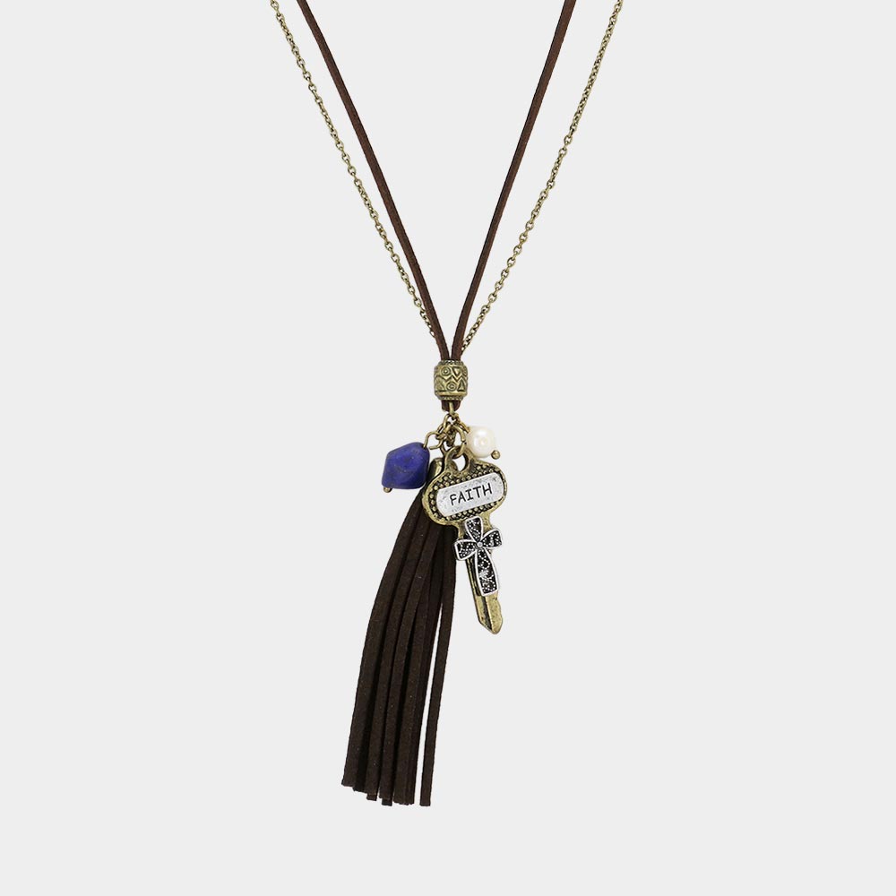 iLLASPARKZ Faux Suede Tassel & Cross Key Charm Long Necklace