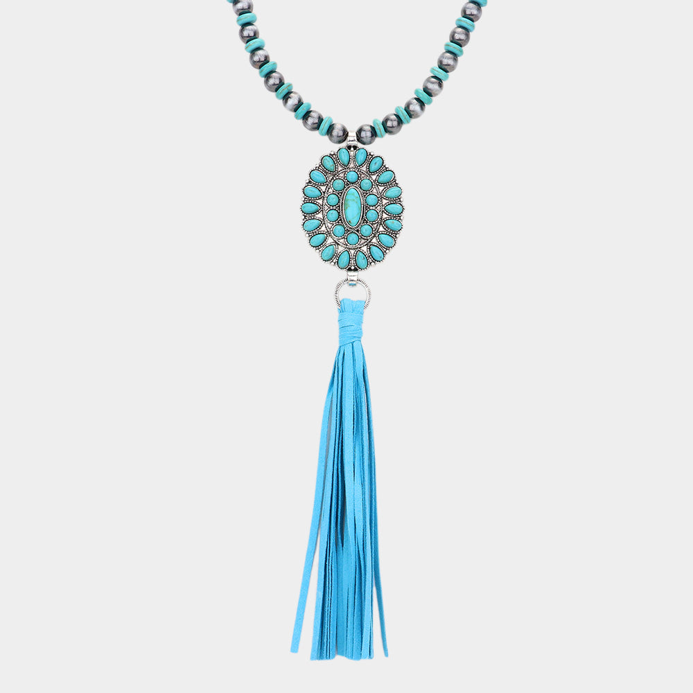 iLLASPARKZ Natural Stone Squash Blossom Suede Tassel Long Necklace