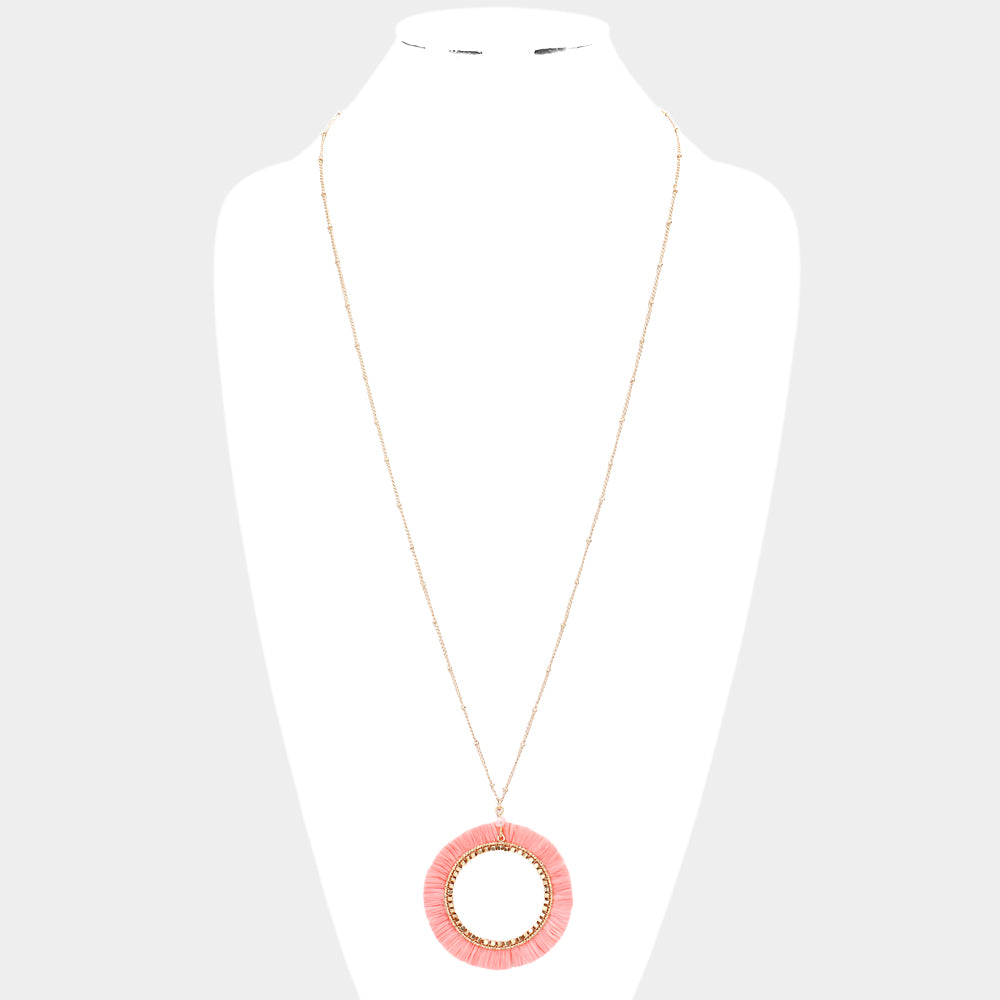 iLLASPARKZ Raffia Trimmed Open Circle Pendant Long Necklace