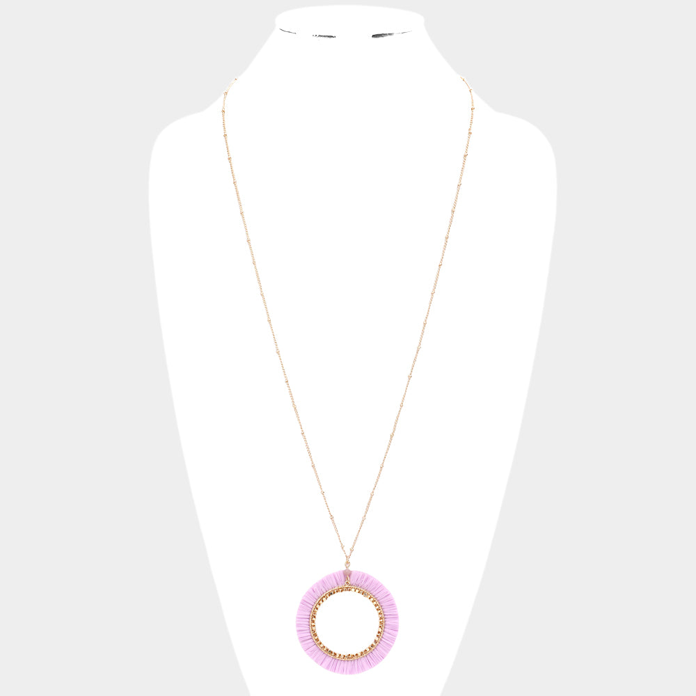 iLLASPARKZ Raffia Trimmed Open Circle Pendant Long Necklace