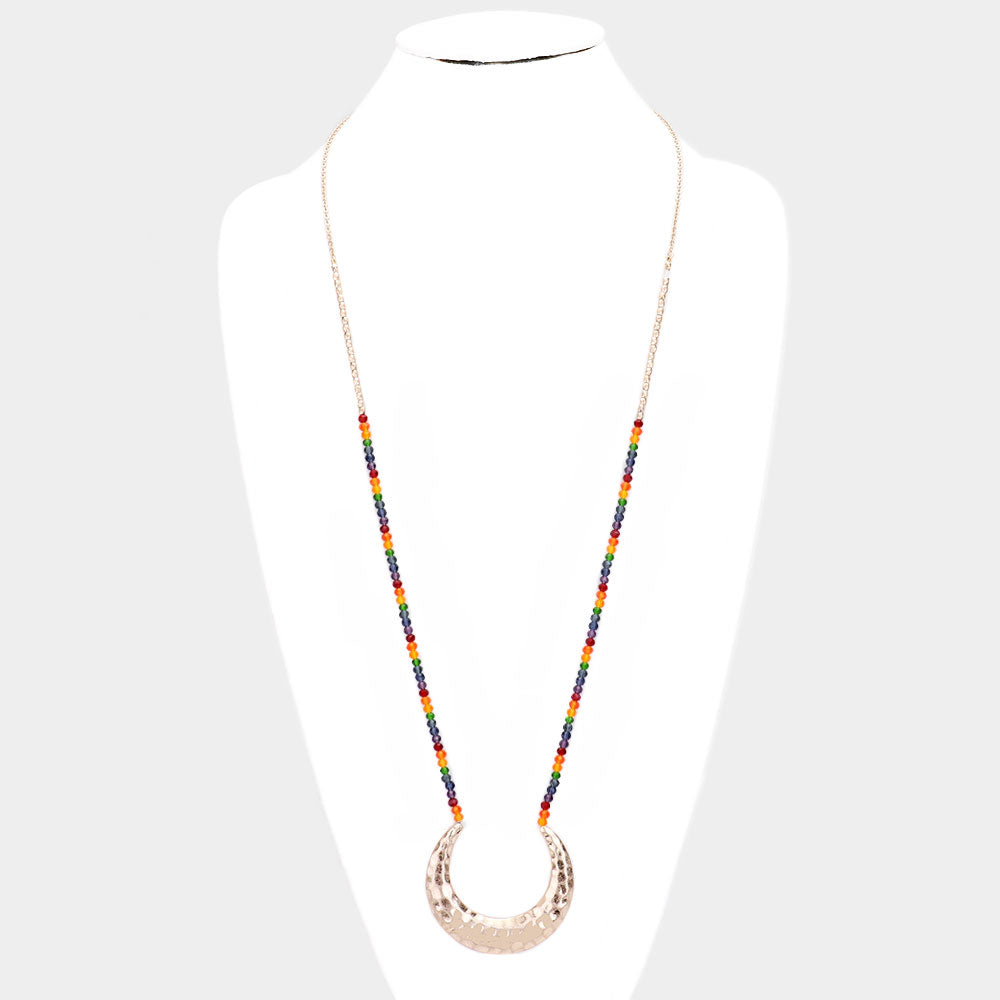 iLLASPARKZ Hammered Metal Moon Pendant Bead Long Necklace