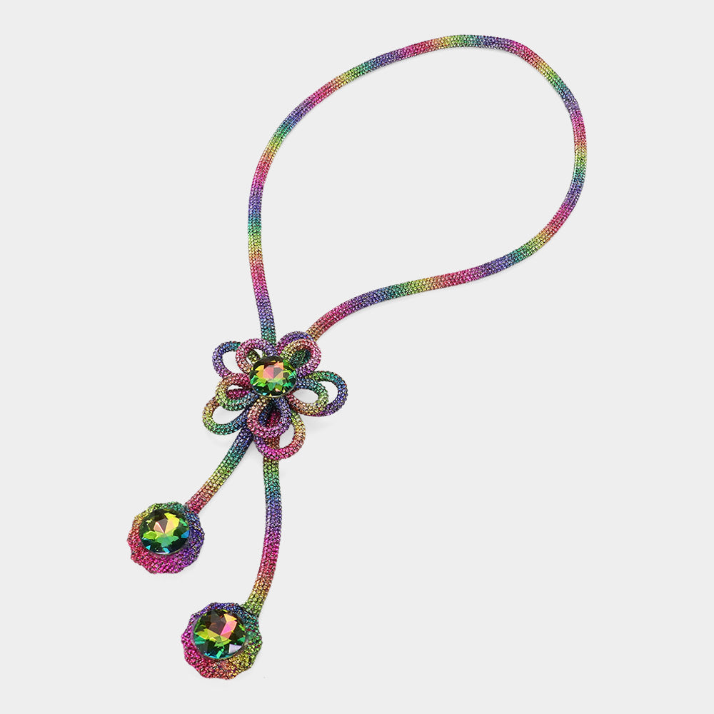 iLLASPARKZ Round Stone Pointed Bling Studded Flower Pendant Long Necklace