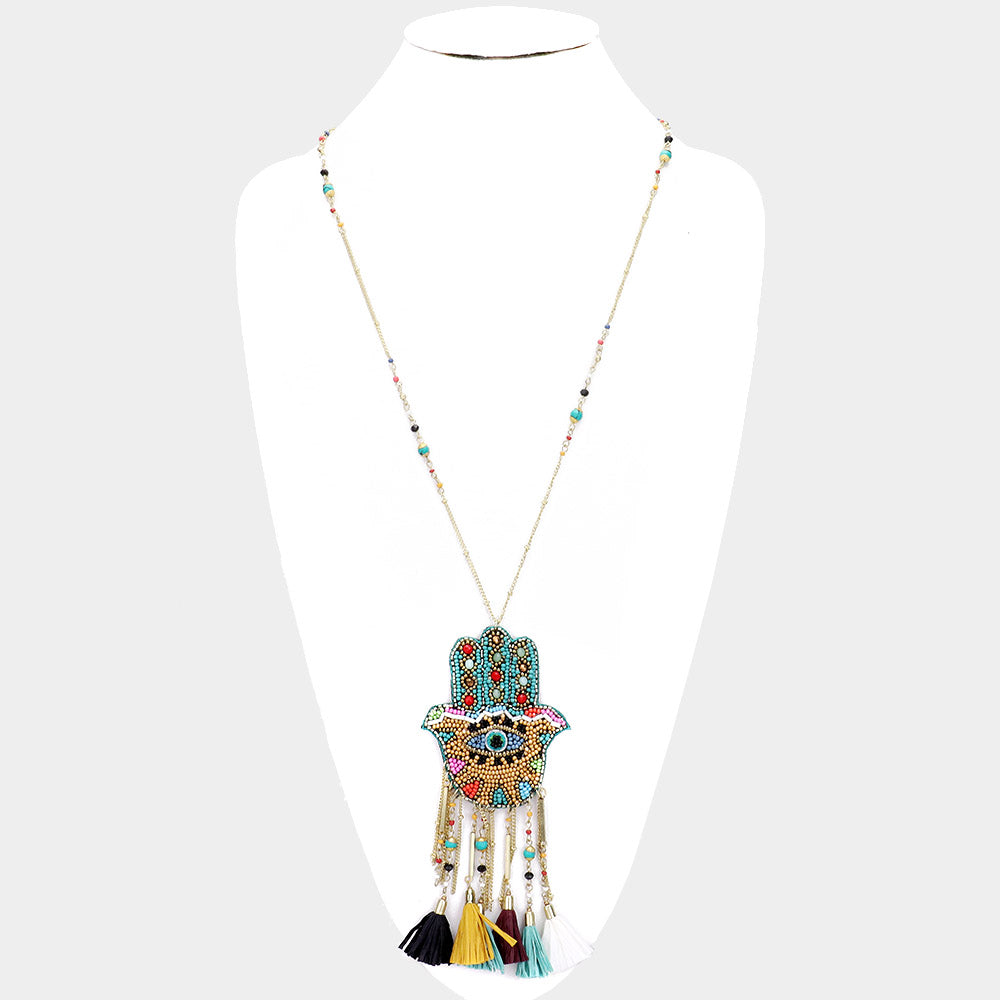 iLLASPARKZ Faceted Bead Evil Eye Hasma Hand Drop Tassel Long Necklace