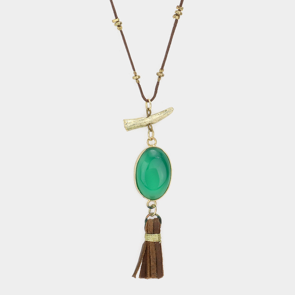 iLLASPARKZ Oval Stone with Faux Leather Tassel Long Necklace