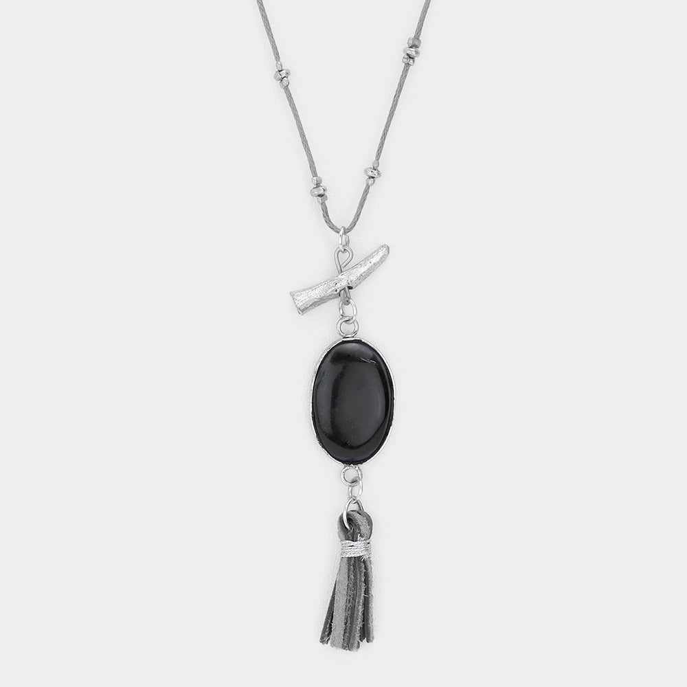 iLLASPARKZ Oval Stone with Faux Leather Tassel Long Necklace