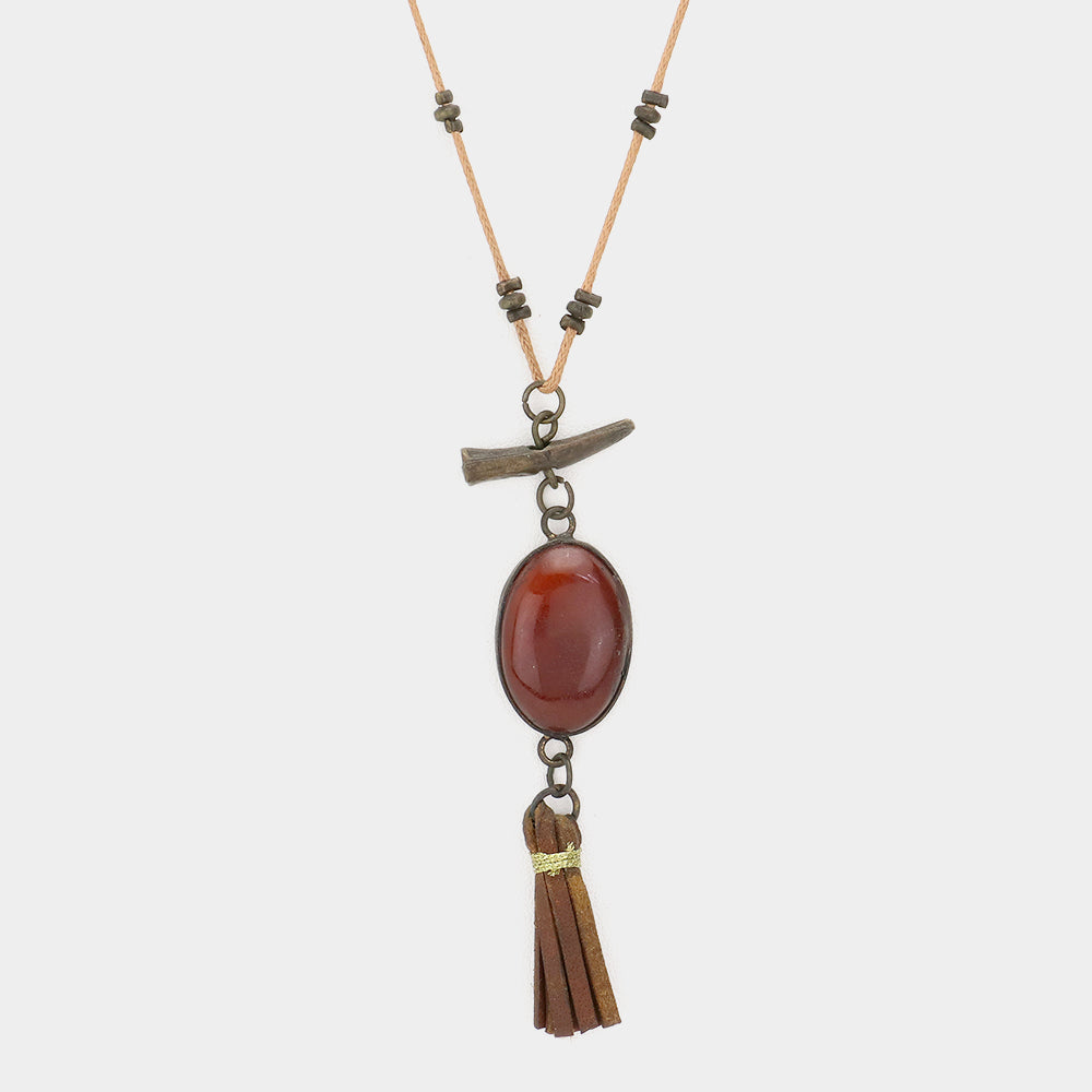 iLLASPARKZ Oval Stone with Faux Leather Tassel Long Necklace