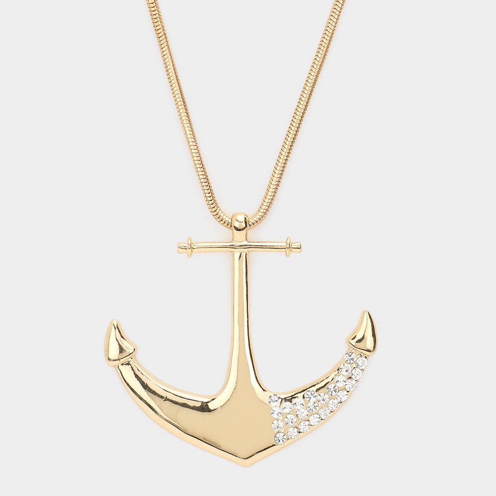 iLLASPARKZ Rhinestone Embellished Metal Anchor Pendant Long Necklace