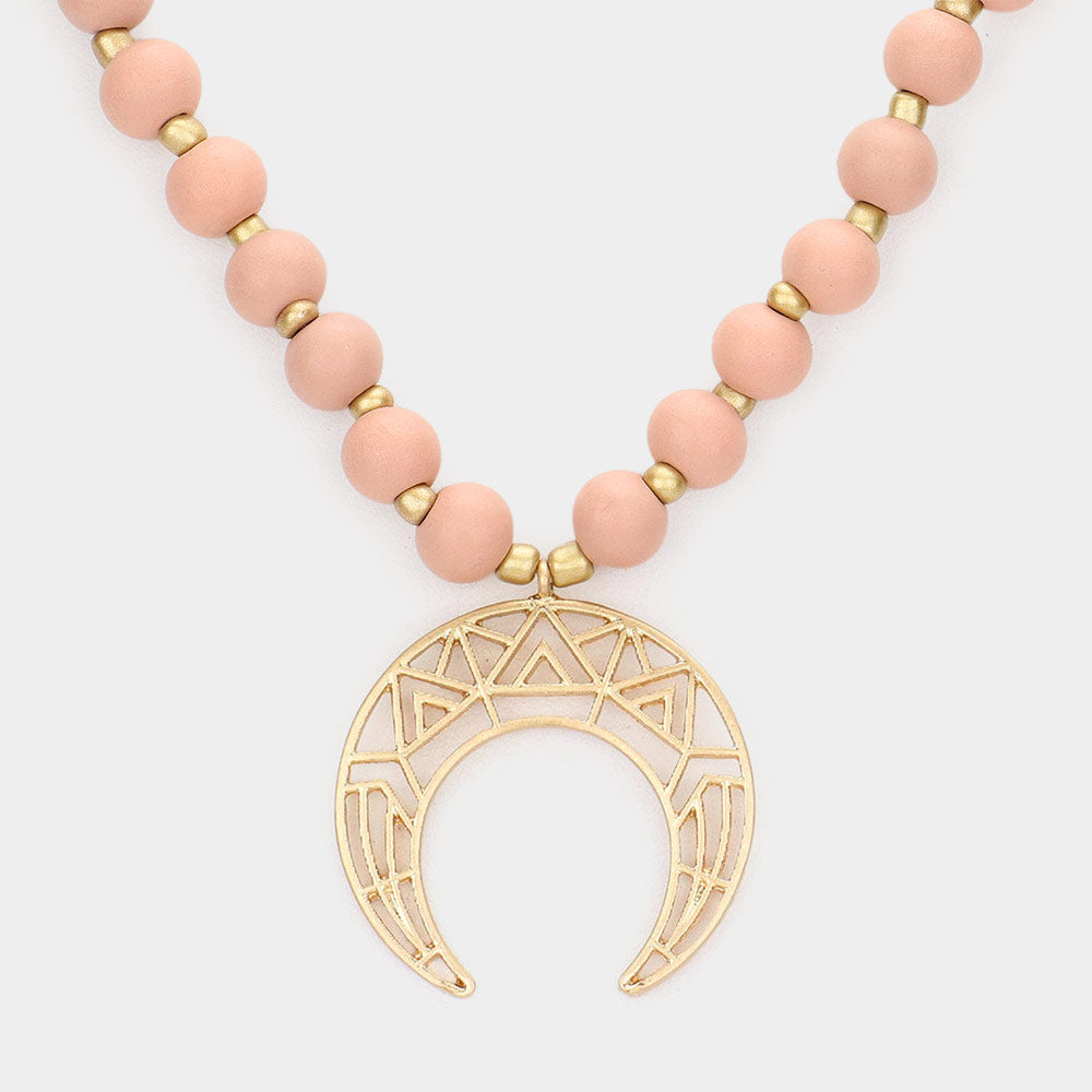 iLLASPARKZ Cut Out Metal Double Horn Pendant Wood Long Necklace