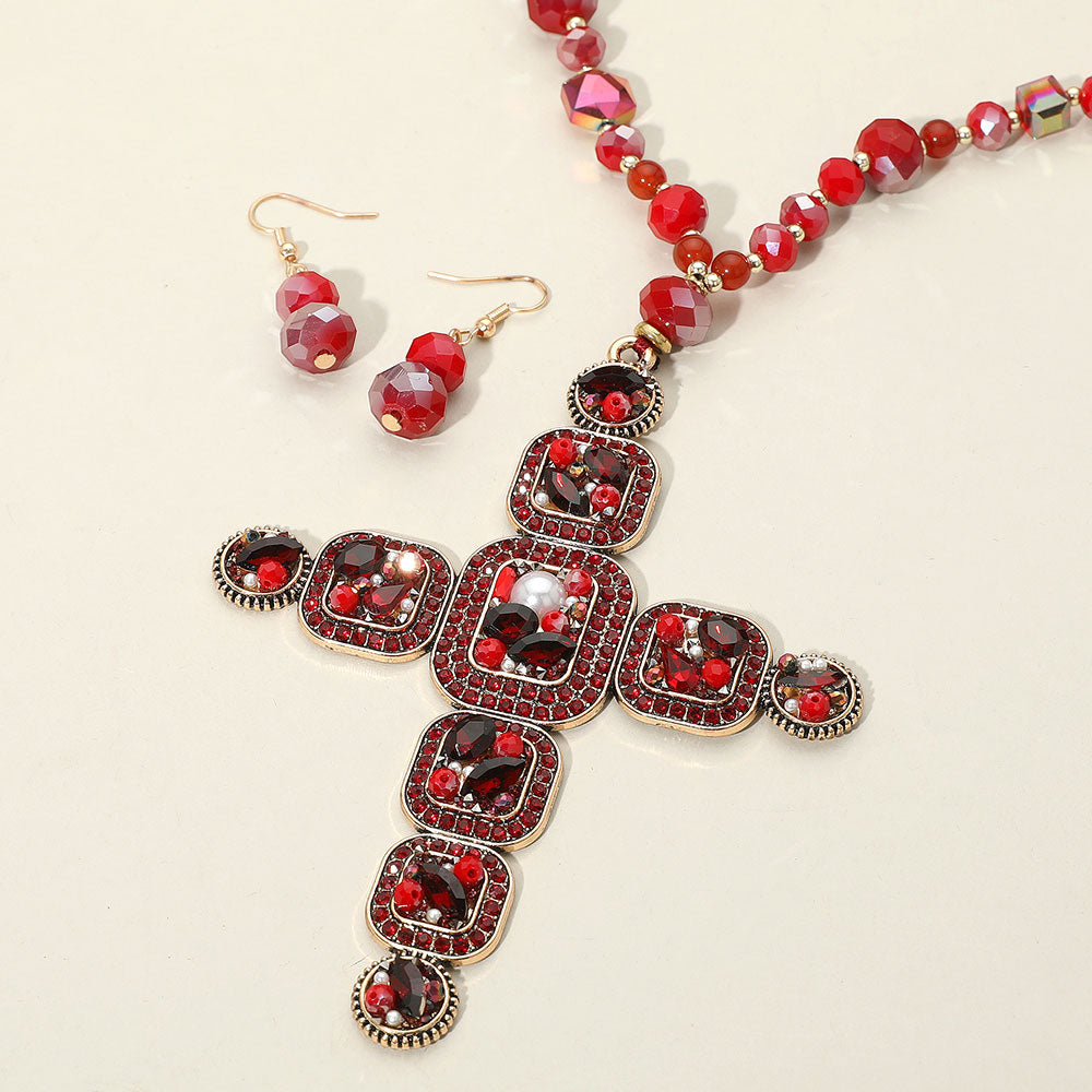 iLLASPARKZ Stone Pearl Embellished Cluster Cross Pendant Faceted Beaded Long Necklace