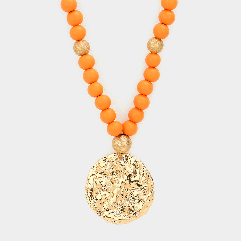 iLLASPARKZ Hammered Metal Round Pendant Wood Beaded Long Necklace