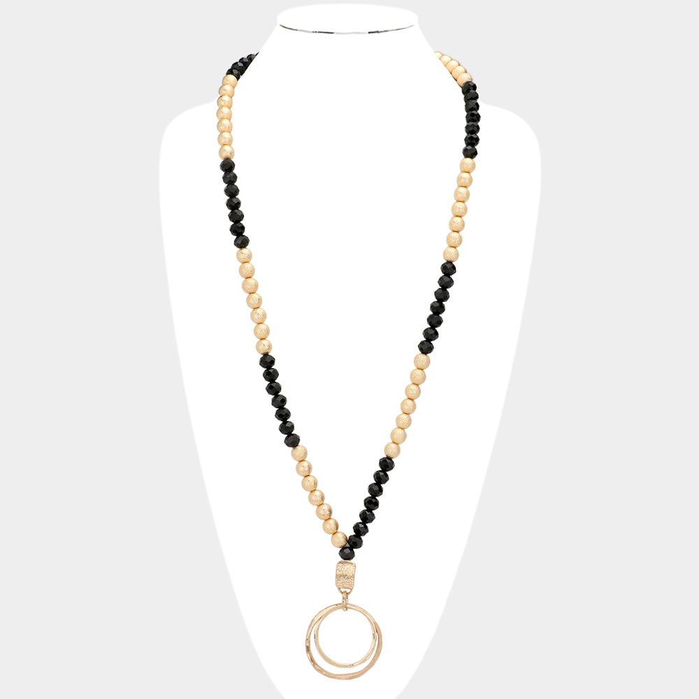 iLLASPARKZ Irregular Double Open Circle Pendant Frosted Metal Ball Faceted Beaded Long Necklace