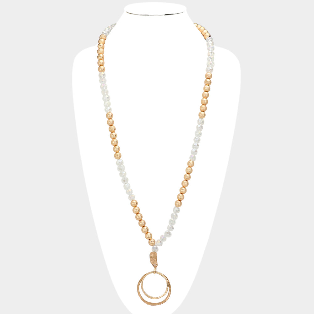 iLLASPARKZ Irregular Double Open Circle Pendant Frosted Metal Ball Faceted Beaded Long Necklace