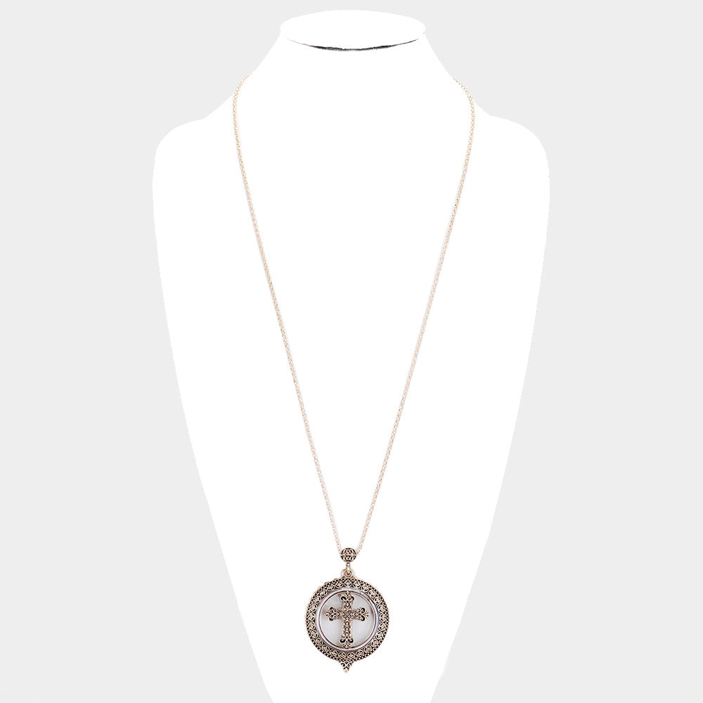 iLLASPARKZ Abalone Antique Cross Pendant Magnifying Glass Long Necklace