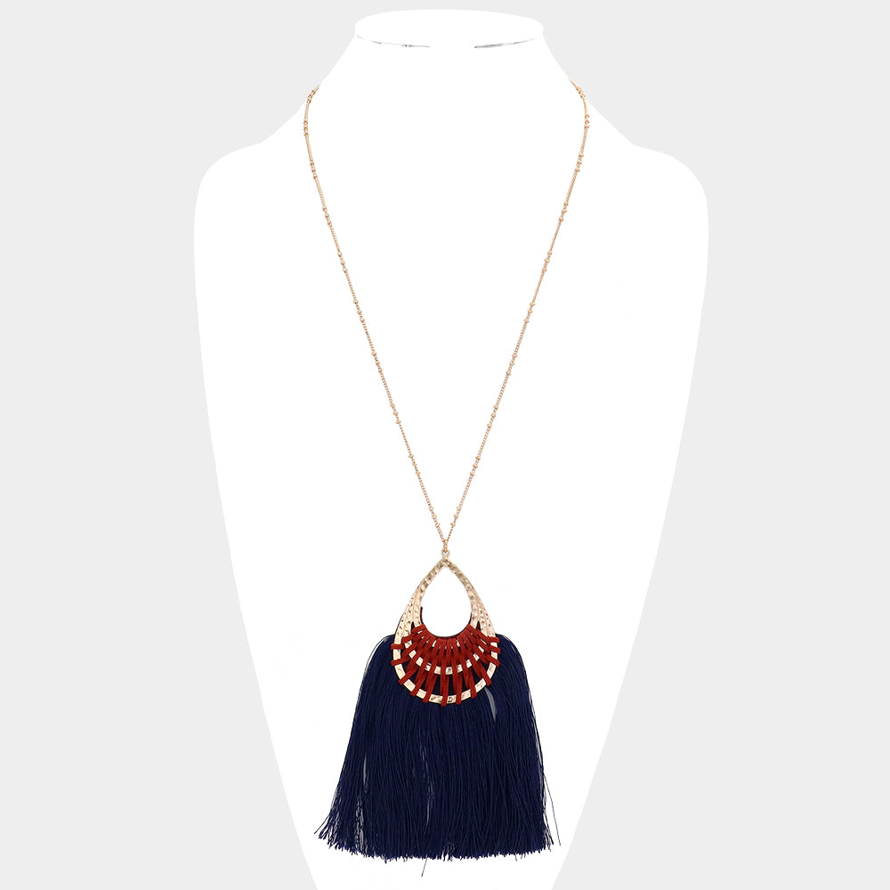 iLLASPARKZ Fan Tassel Hammered Teardrop Pendant Long Necklace