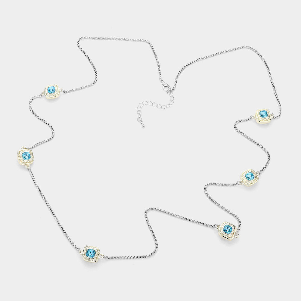 iLLASPARKZ 14K Gold Plated Two Tone Stone Paved Square Pendant Station Long Necklace