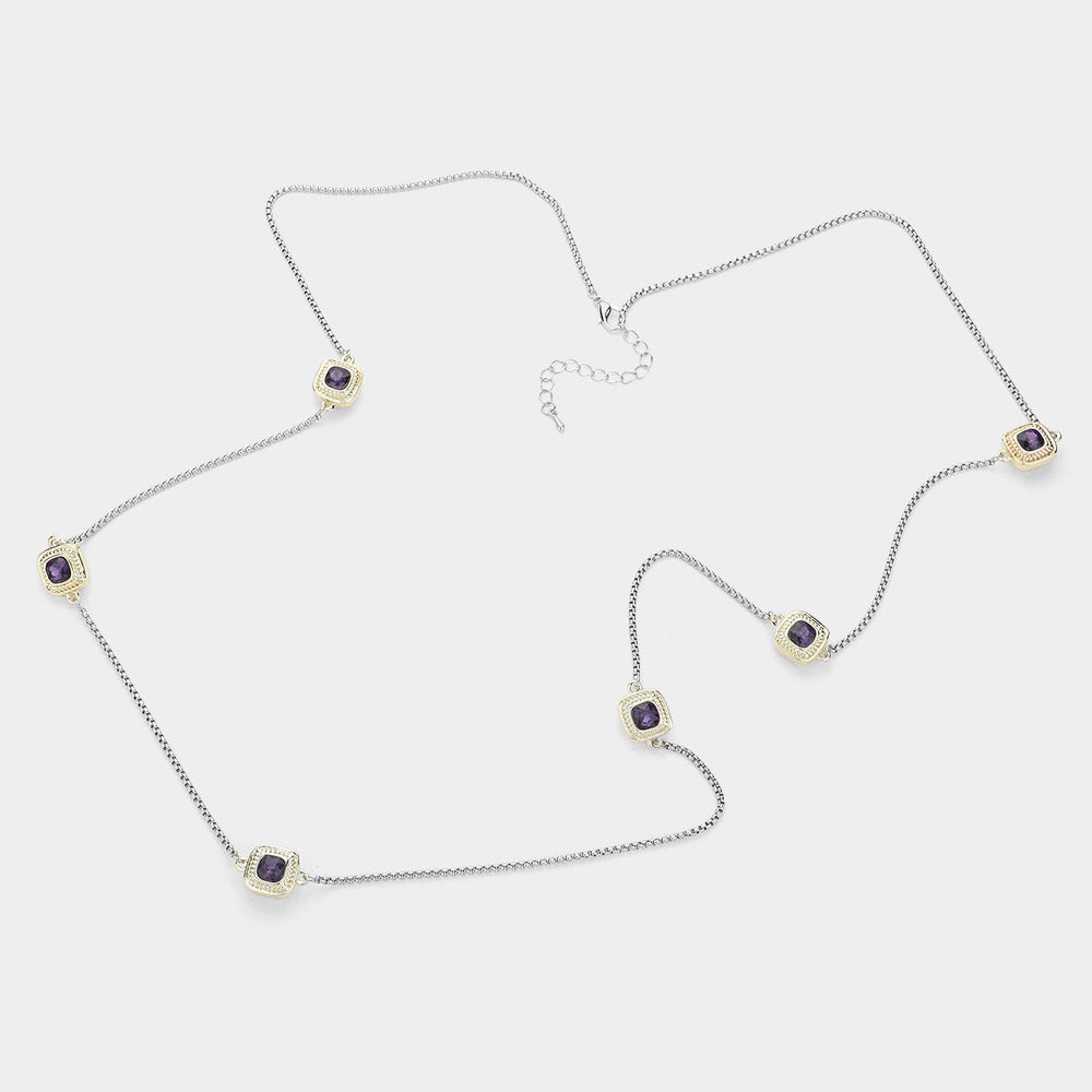 iLLASPARKZ 14K Gold Plated Two Tone Stone Paved Square Pendant Station Long Necklace