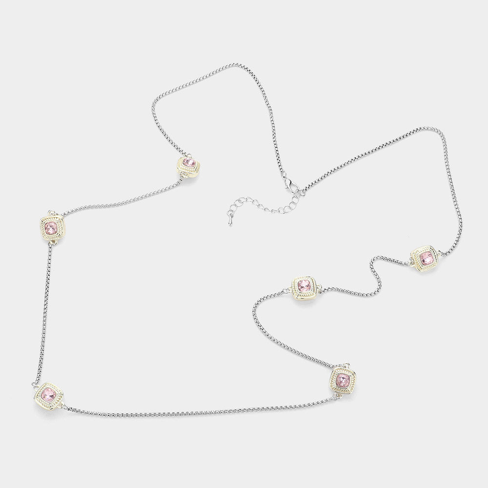 iLLASPARKZ 14K Gold Plated Two Tone Stone Paved Square Pendant Station Long Necklace