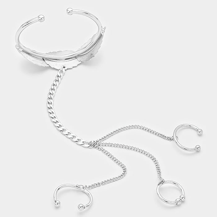 iLLASPARKZ Metal three finger ring leaf hand chain cuff bracelet