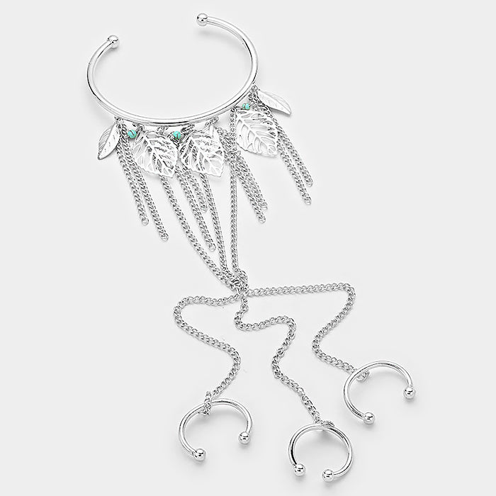 iLLASPARKZ Metal leaf charm three finger ring cuff hand chain