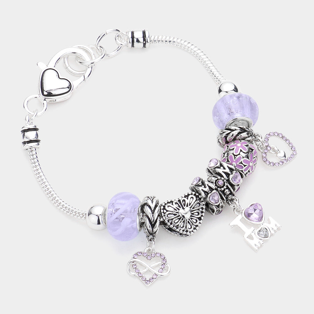 Infinity Heart I Love Mom Message Charm Multi Bead Bracelet