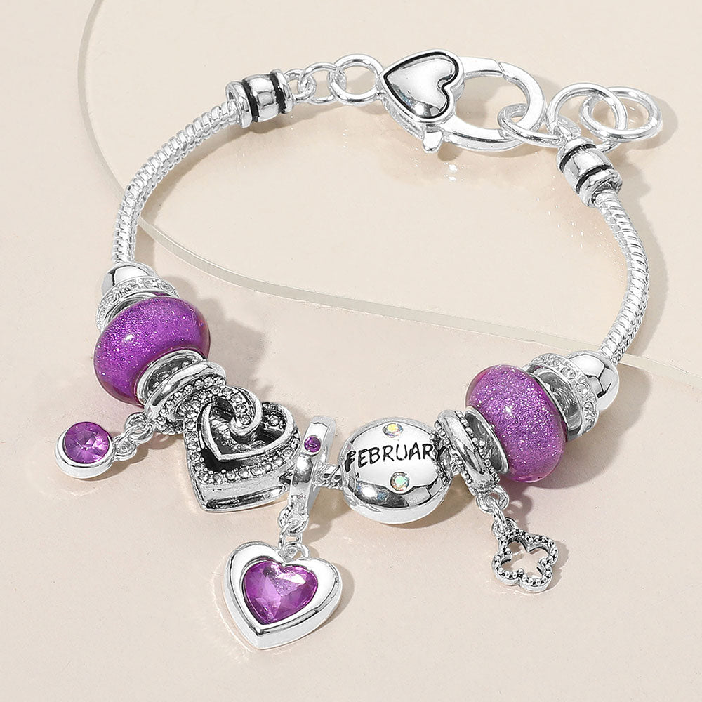 iLLASPARKZ February - Birthstone Heart Charm Multi Beaded Bracelet
