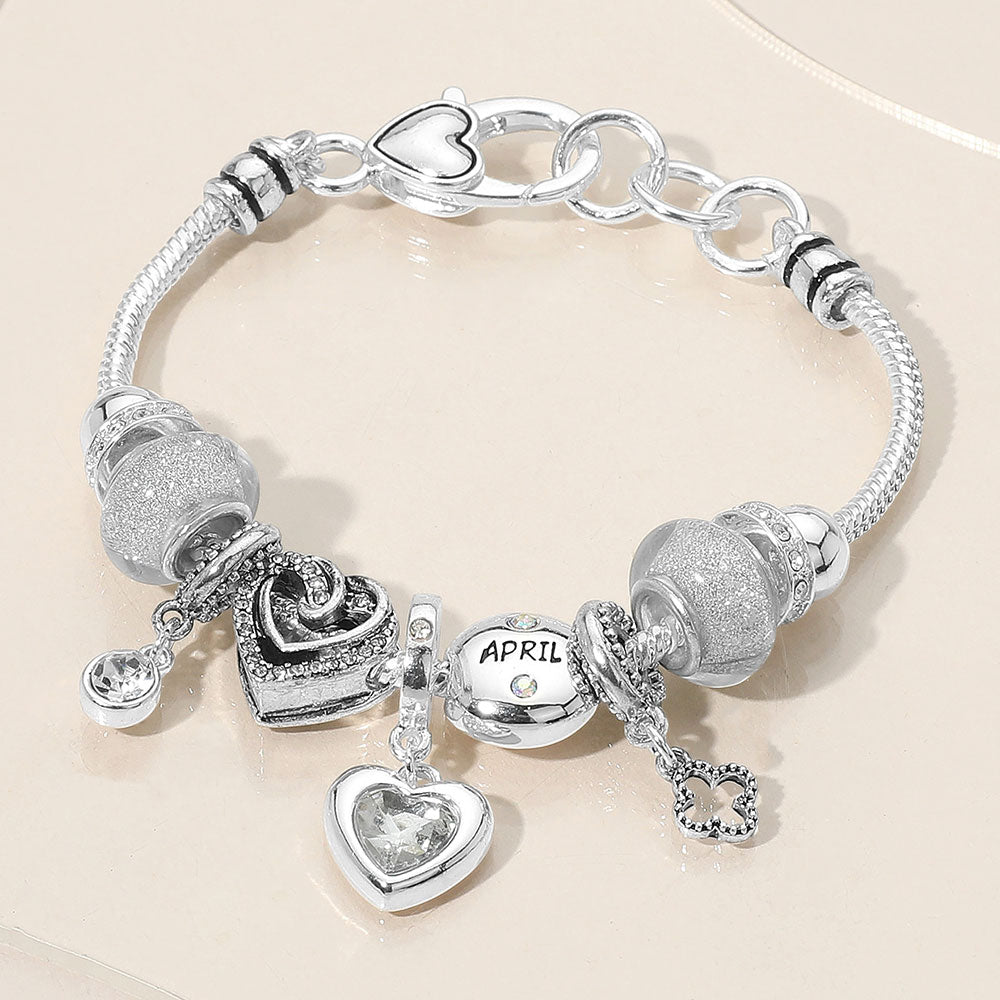 iLLASPARKZ April - Birthstone Heart Charm Multi Beaded Bracelet