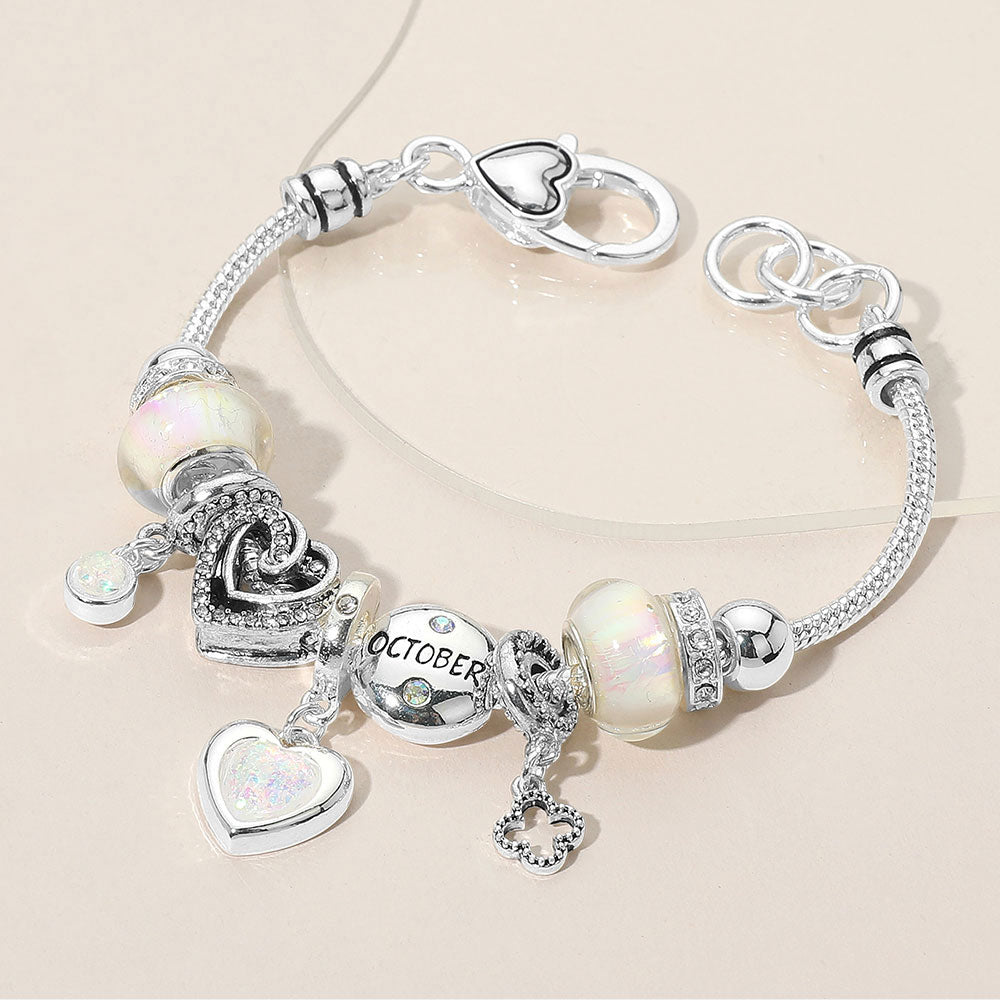 iLLASPARKZ October - Birthstone Heart Charm Multi Beaded Bracelet