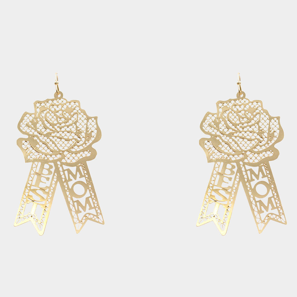 iLLASPARKZ BEST MOM Message Brass Metal Rose Flower Dangle Earrings
